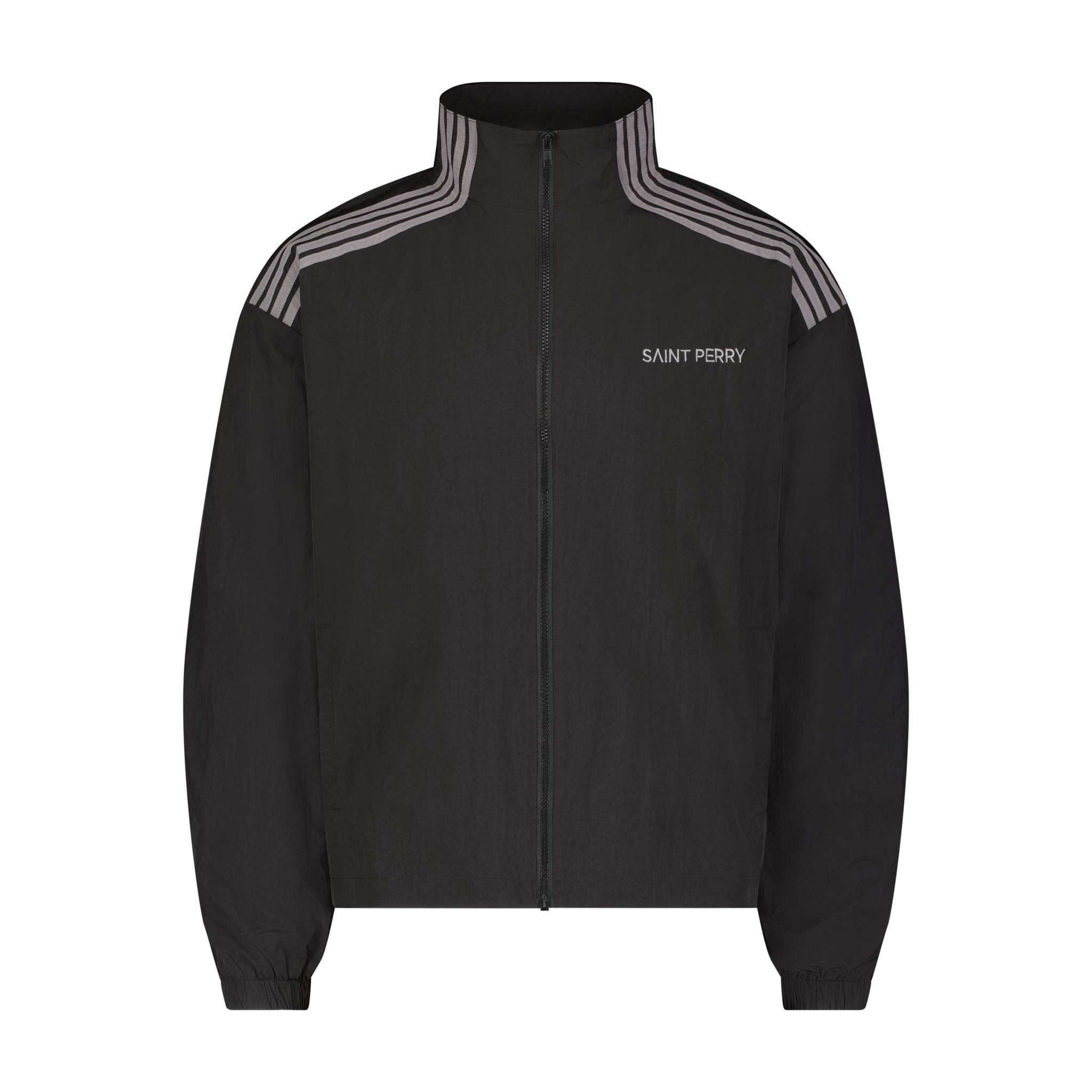 Black track jacket with gray shoulder stripes and full front zip