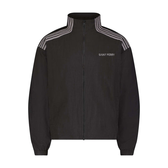 Black track jacket with gray shoulder stripes and full front zip