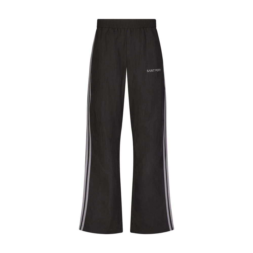 Black track pants with elastic waist, gray side stripes, SAINT PERRY logo