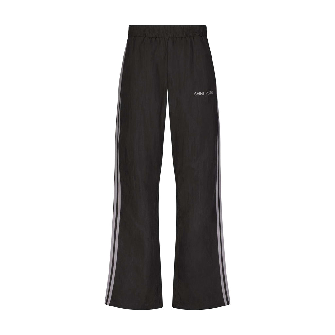 Black track pants with elastic waist, gray side stripes, SAINT PERRY logo