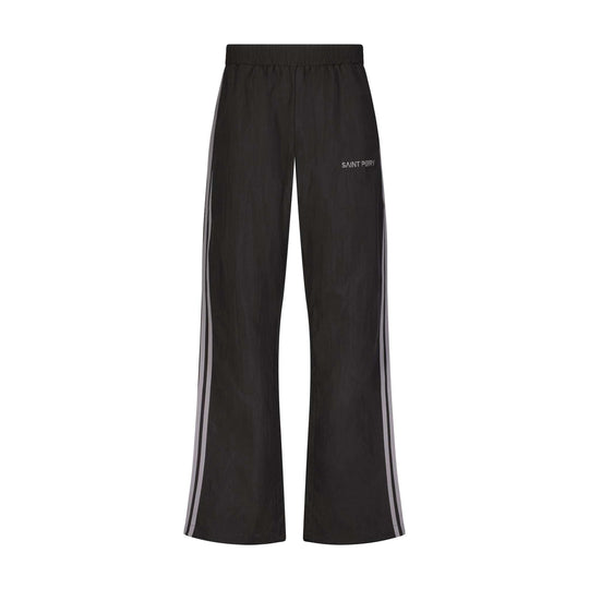 Black track pants with elastic waist, gray side stripes, SAINT PERRY logo