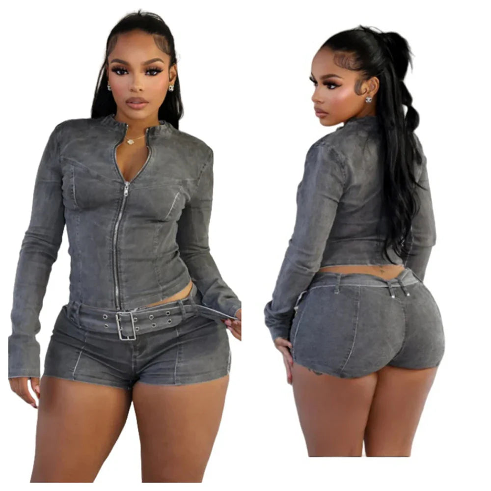 Dark gray denim 2-piece set with zip front jacket and shorts, side and front view