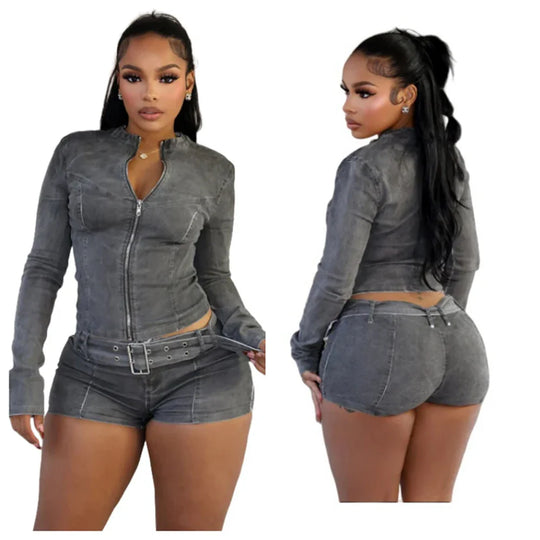 Dark gray denim 2-piece set with zip front jacket and shorts, side and front view