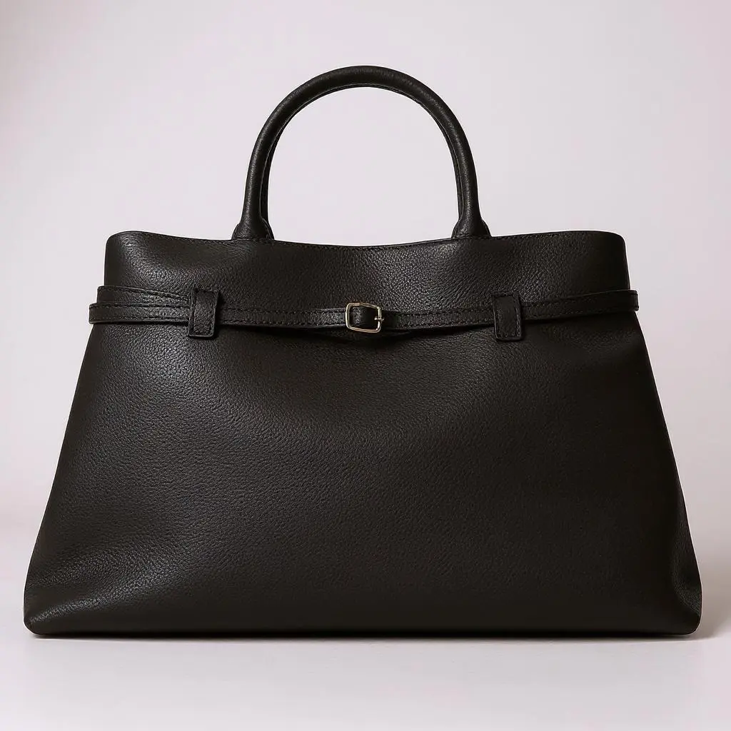 Black leather belt tote bag with front buckle strap and wide open-top silhouette