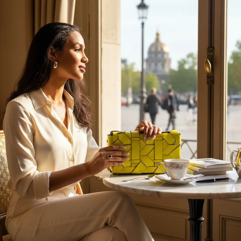 THE ZENOBIA WOVEN CLUTCH, pistachio green clasped front woven design