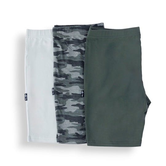Pack of 3 biker shorts: white/cream, dark camo print, and moss green solid