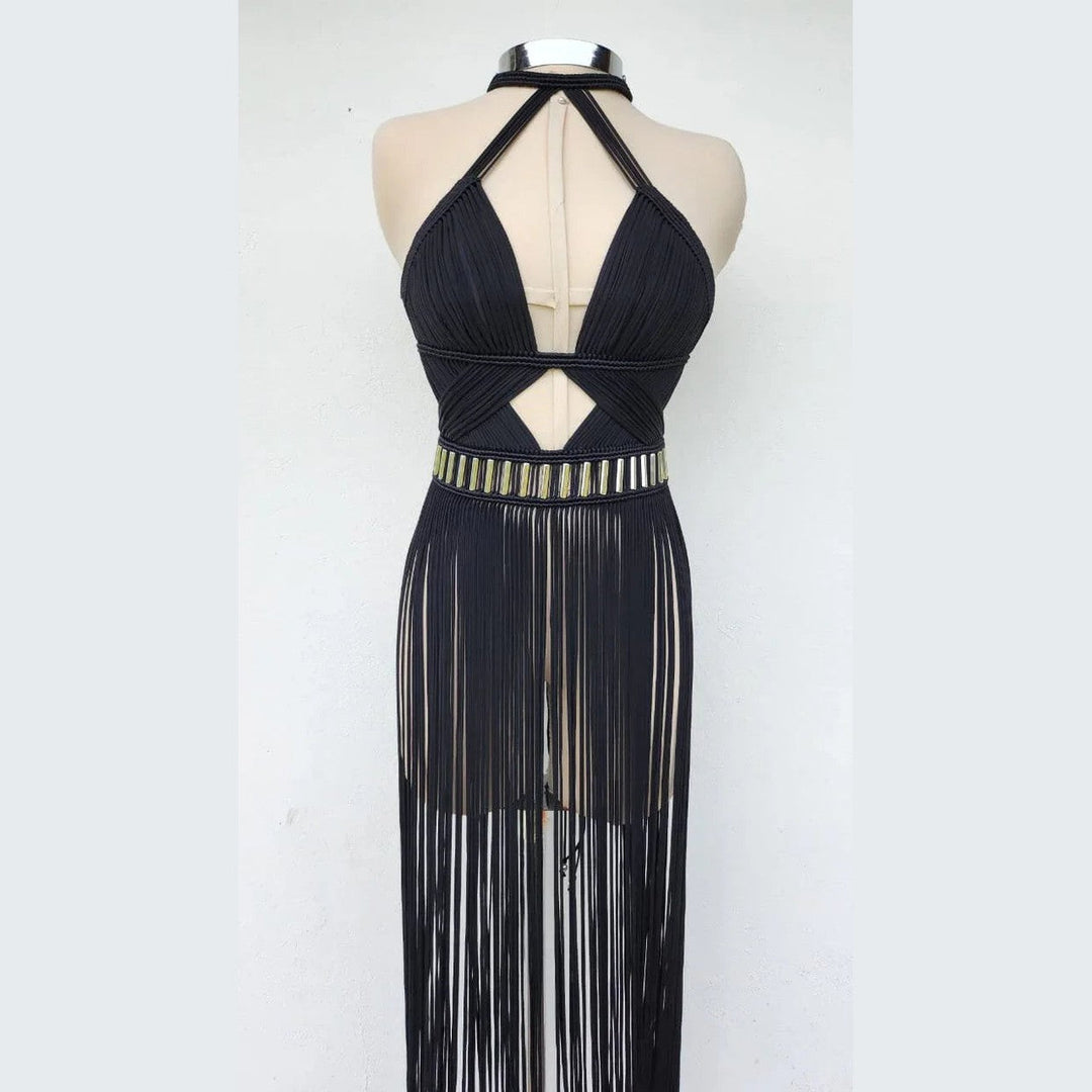 Back view of Black Selene dress: crisscross halter straps, beaded band, fringe
