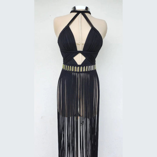 Back view of Black Selene dress: crisscross halter straps, beaded band, fringe