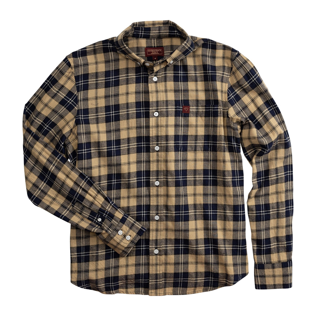 Chemise flanelle à carreaux bleu marine et beige, vue de face, col à boutons