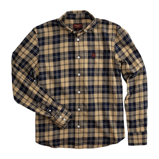 Chemise flanelle à carreaux bleu marine et beige, vue de face, col à boutons