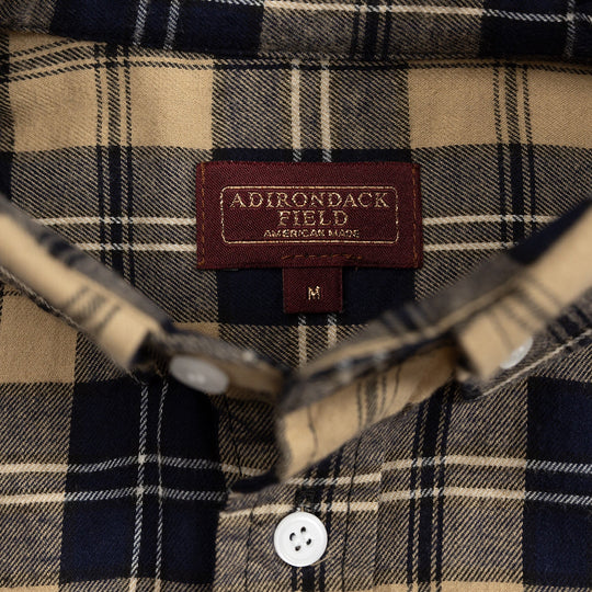 Chemise flanelle à carreaux bleu marine et beige, étiquette intérieure Adirondack Field