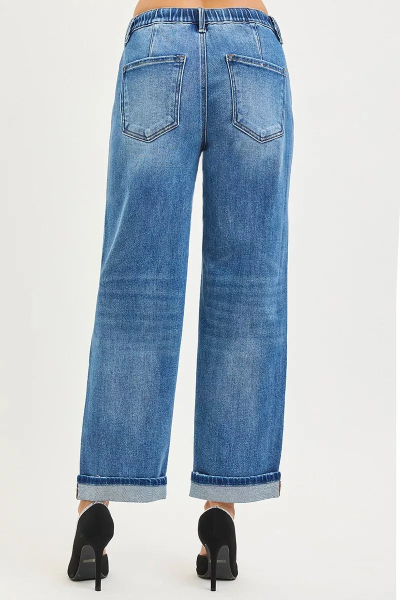 Medium wash boyfriend jeans back view, two back pockets, elastic drawstring waist