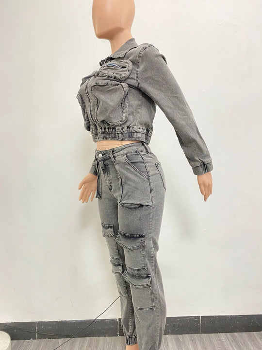 Dark gray denim zip jacket and cargo pants set, back view