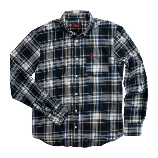 Dark green plaid flannel shirt, stand collar and button-front with chest pocket
