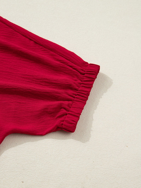 Deep Red half-sleeve blouse sleeve cuff with gathered elastic detail