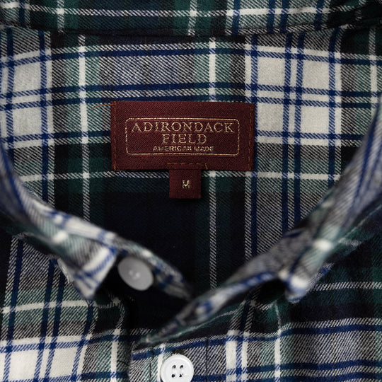 Adirondack Field label inside plaid flannel collar, size M visible