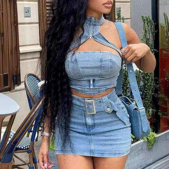 Blue denim two-piece mini dress set with structured waistband and skirt front pockets