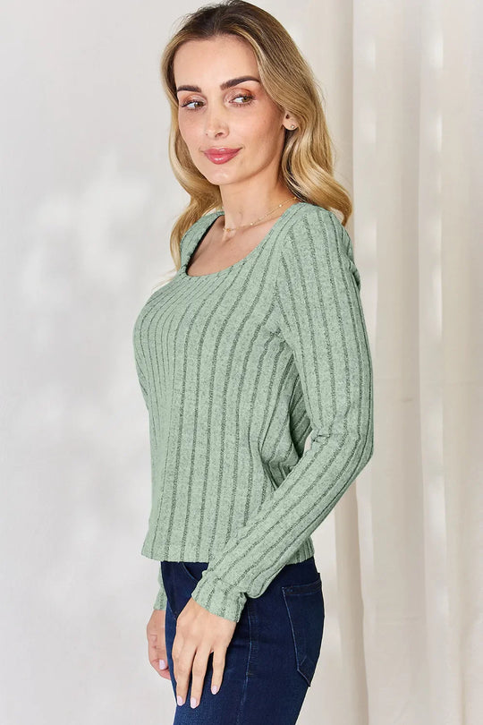Light green ribbed long-sleeve T-shirt shown from the side