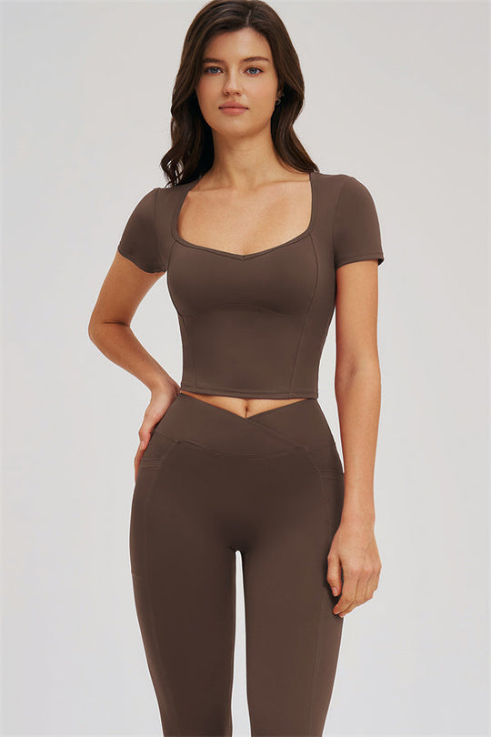 Taupe 2-piece set: fitted crop tee and high-rise leggings