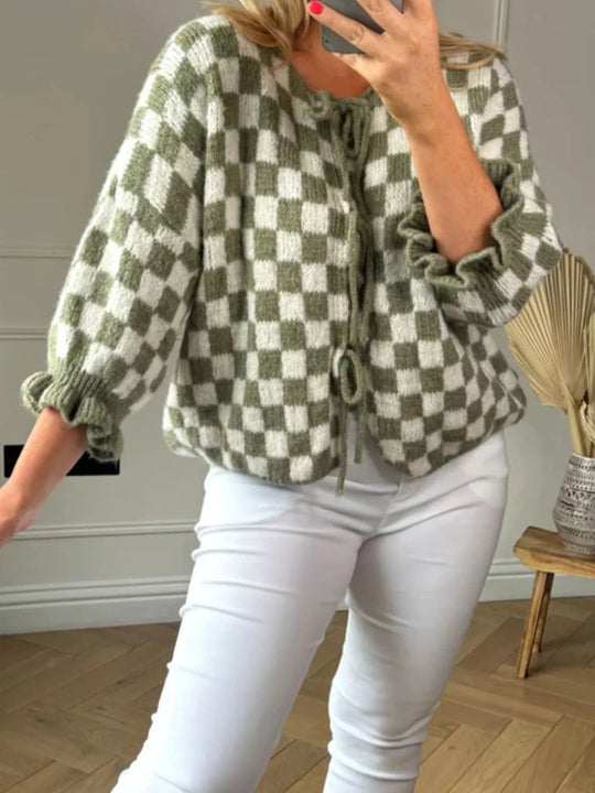 Matcha green checkered knit cardigan with tie-front detail and ribbed drawstring neckline.