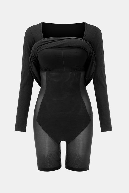 Black cutaway shapewear dress with built-in bra support and open gusset panel