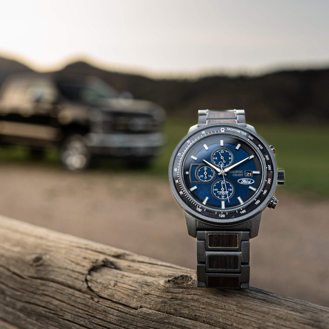 Ford Barrel Chrono 45mm wristwatch, blue dial with three chronograph subdials, gray wood-inlay strap