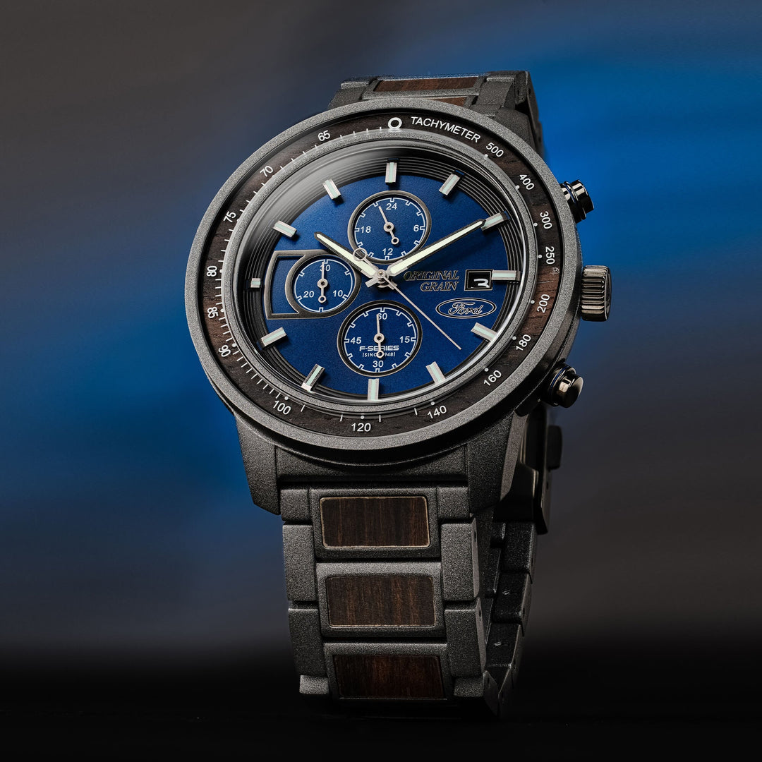 Ford Barrel Chrono 45mm watch with blue tachymeter bezel, chronograph subdials, gray strap