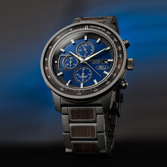 Ford Barrel Chrono 45mm watch with blue tachymeter bezel, chronograph subdials, gray strap