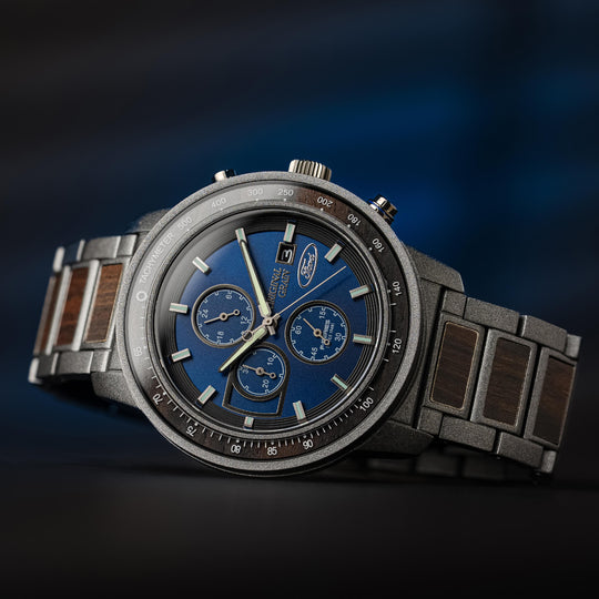 Close view of Ford Barrel Chrono 45mm watch, blue dial, chronograph buttons, gray bracelet