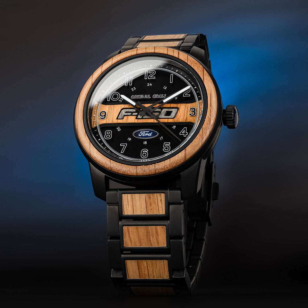 Ford Barrel 44 mm watch face with wood ring and black metal bracelet, date window on dial