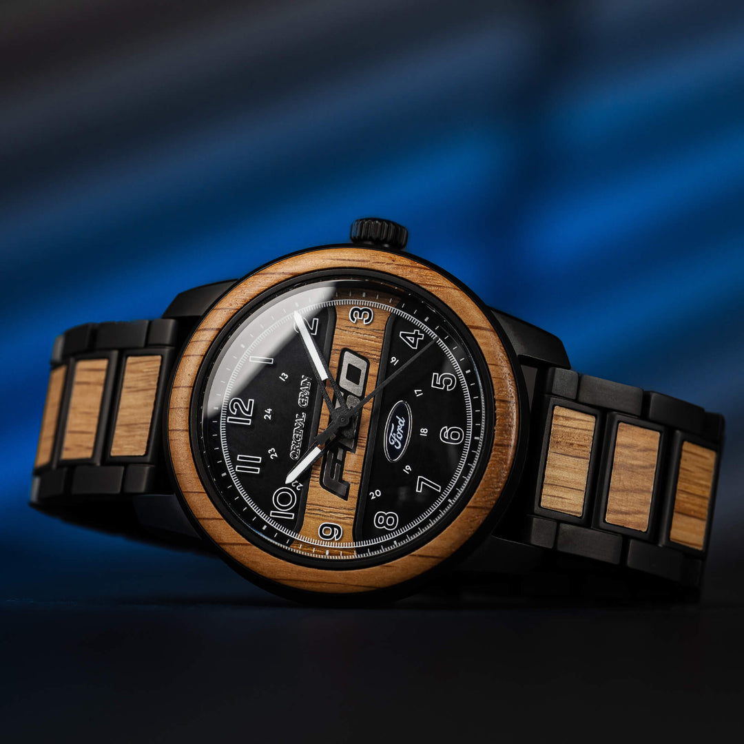 Ford Barrel 44 mm watch on wrist, wood bezel ring and black link band with knurled crown