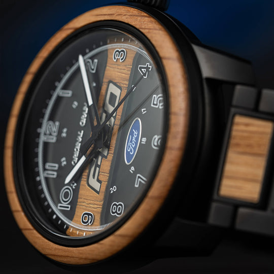 Ford Barrel 44 mm watch close-up, wood bezel ring and black case with side profile