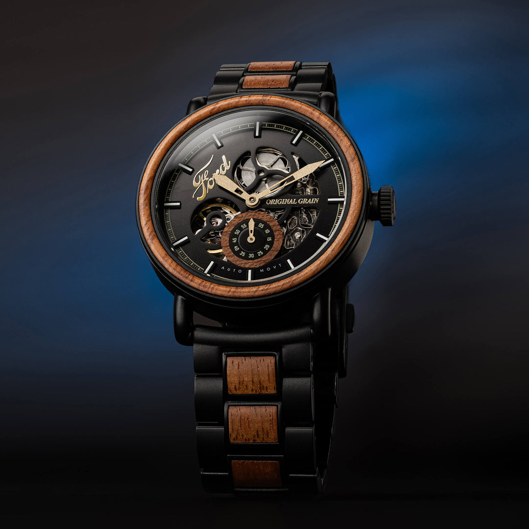 Heritage Automatic 40mm watch with black dial, wood bezel ring, and right-side crown