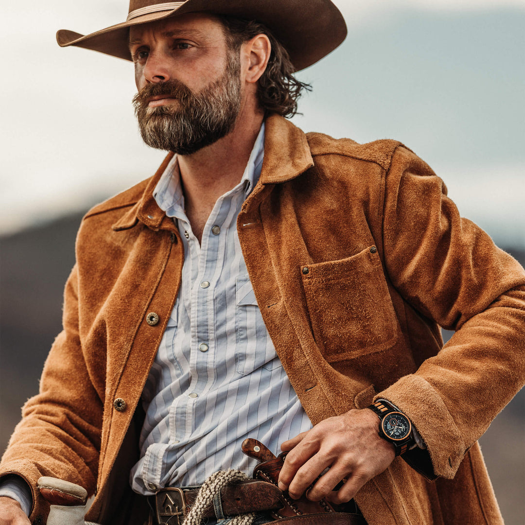Model wearing Original Grain Heritage Automatic 40mm watch on the wrist with black strap