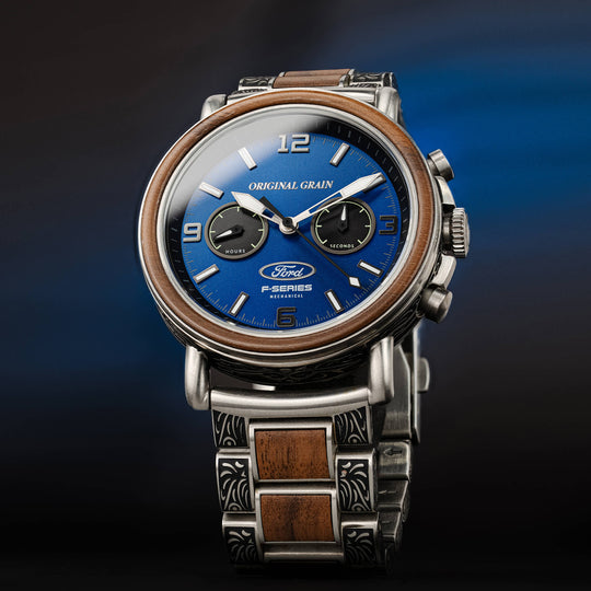 Chrono 44mm mechanical watch angled view, blue face, subdials, metal case &amp; bracelet
