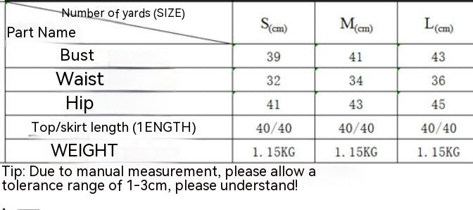 Size chart with bust, waist, hip, and top/skirt length for S/M/L