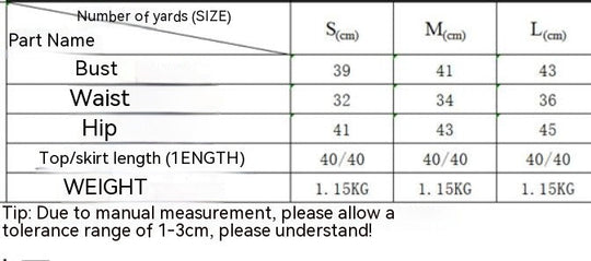Size chart with bust, waist, hip, and top/skirt length for S/M/L