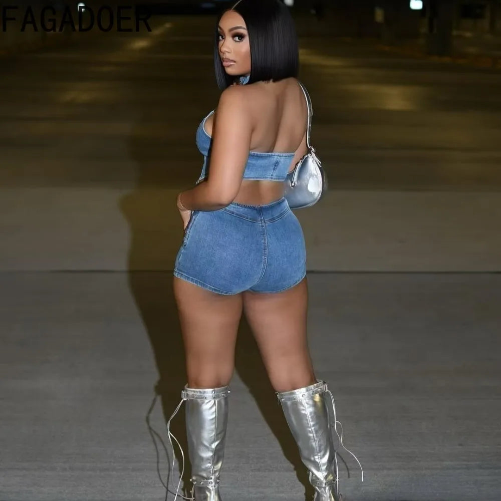 Rear view: denim shorts set with halter crop top straps and open back cutout