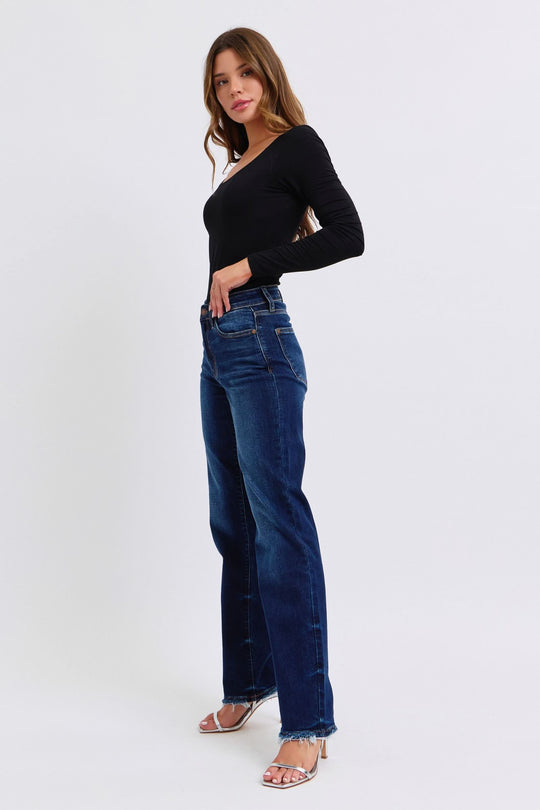 Dark wash straight-leg jeans, raw hem bottom, front pockets and belt loops