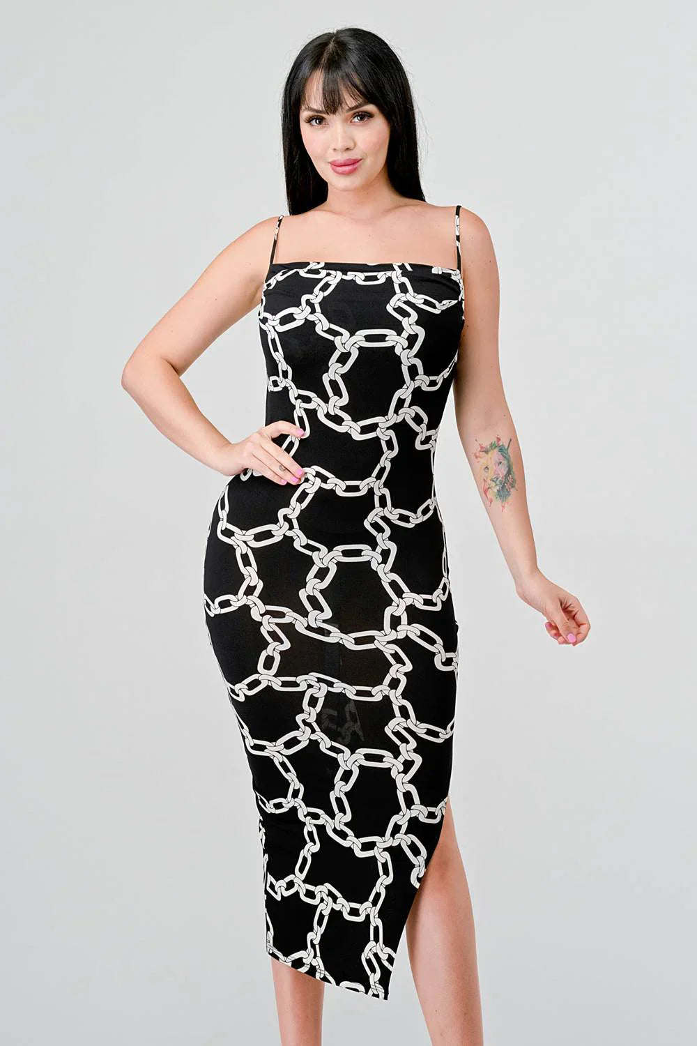 CHIC chain-print midi dress with side slit, black with white link pattern