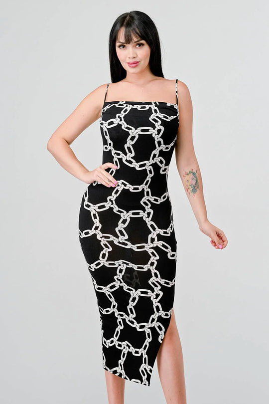 CHIC chain-print midi dress with side slit, black with white link pattern