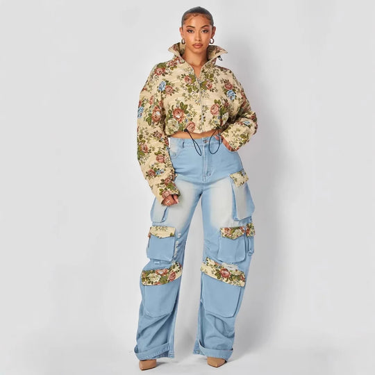 Women Tracksuit Pant Sets Zipper Cardigan Tops Print Zipper Fly Straight Ankle Length Denim Pants Jean Loose Matching Sets Y2k