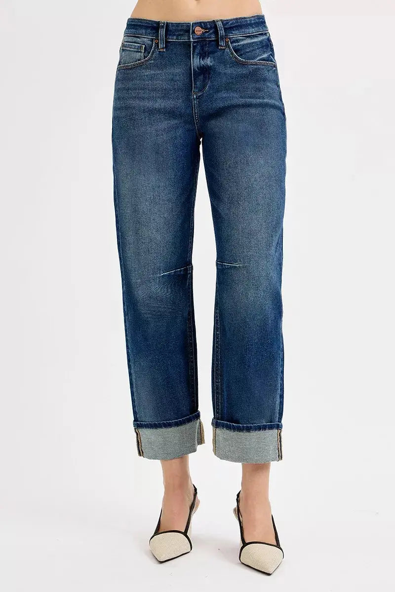 Dark wash slouchy crop jeans with cuffed hem and straight, relaxed leg