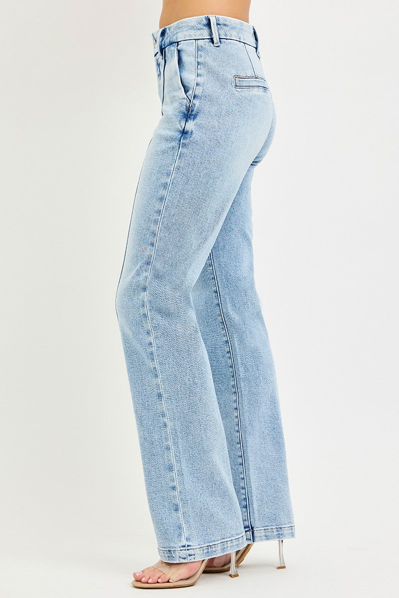 Light-wash straight jeans side view with stitched creases, back pocket and belt loops