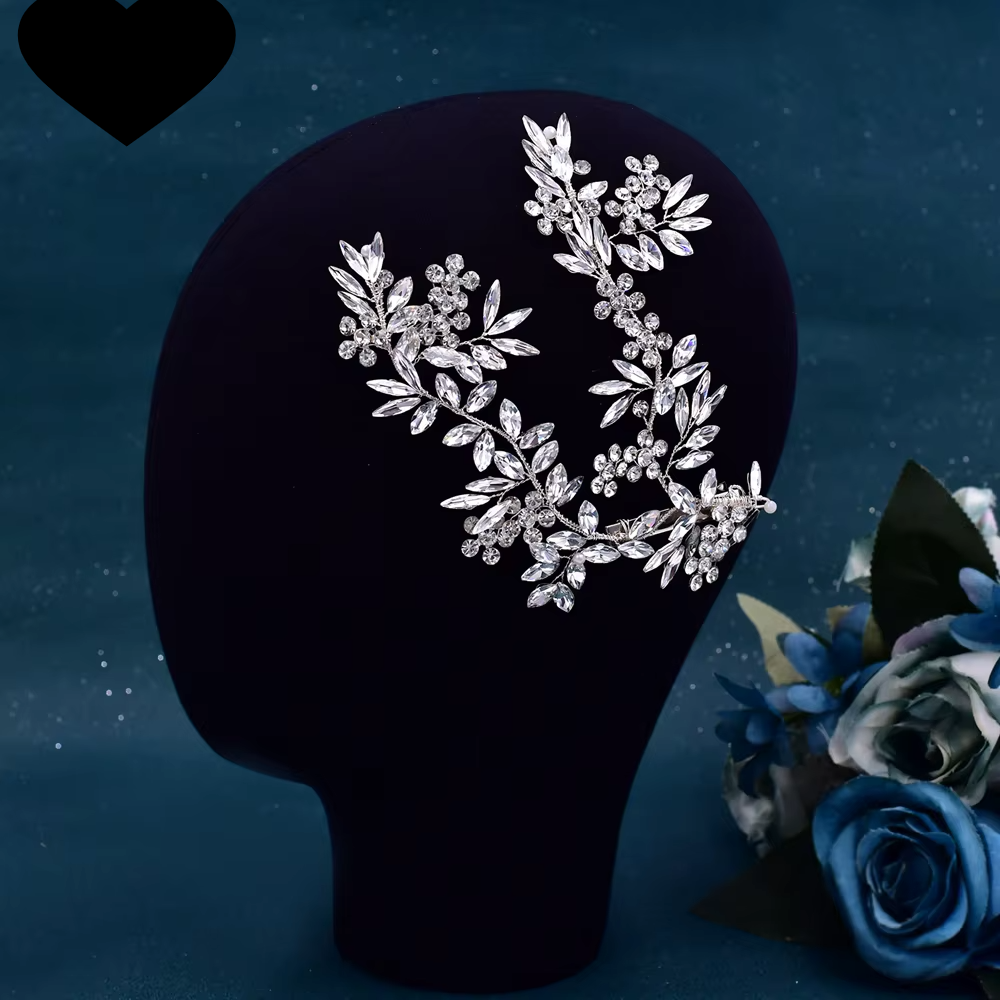 Silver leaf crystal tiara headband with vine-style branches and small rhinestones