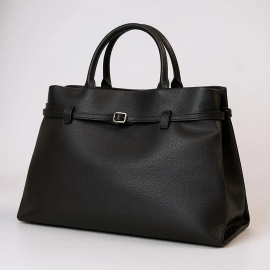 THE XL Sarah Large belt tote bag in black, front belt strap with buckle detail, roomy tote shape.