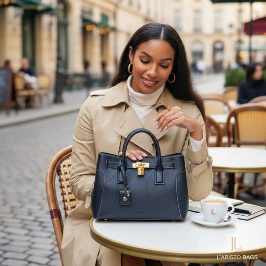 Navy grained leather satchel with gold lock and dangling key charm