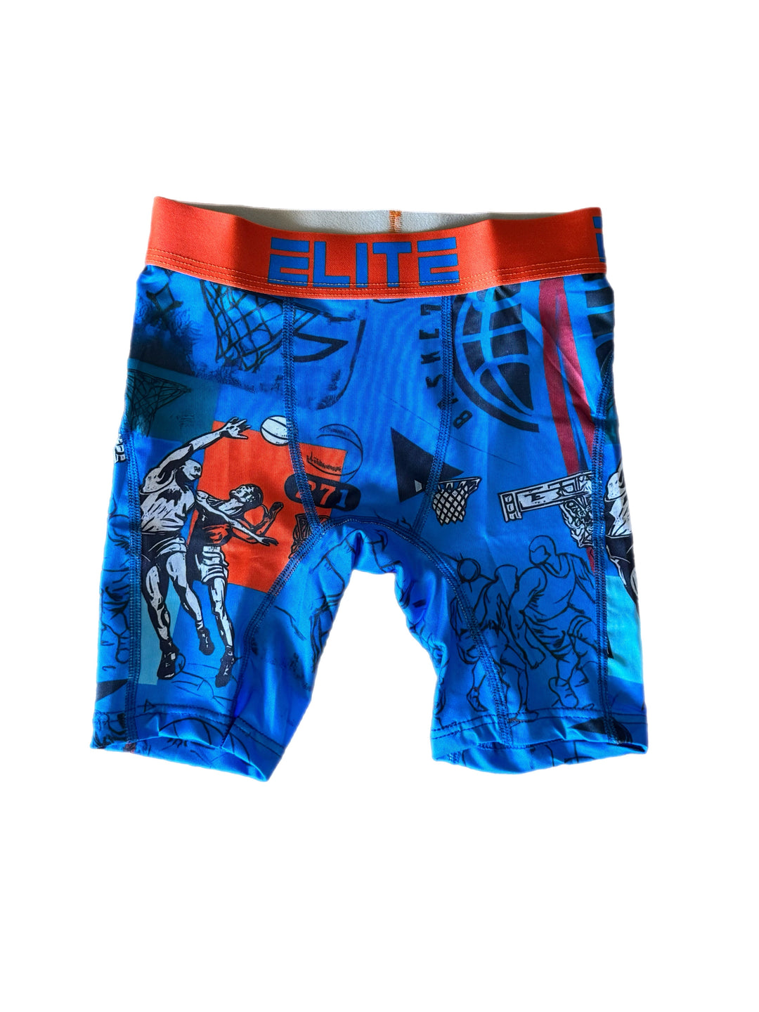 Youth street ball shorts, blue with sports graphics, red waistband