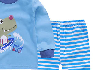 Close-up of light blue top and blue-and-white striped pajama pants