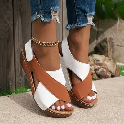 Colorblock wedge sandals, brown and white crisscross straps, peep-toe, platform heel